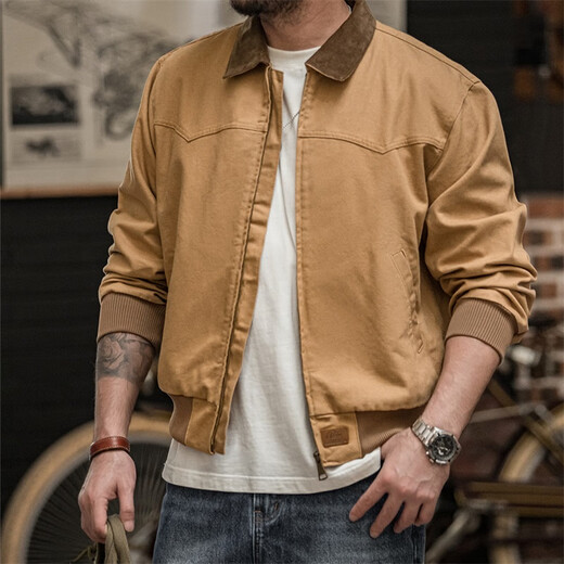 Madden Workwear American Retro Santa Fe Jacket Men's Corduroy Stitching Heavy Canvas Top Men's Casual Jacket Autumn Khaki M