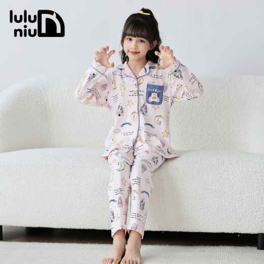 Luluoxi spring children's cotton pajamas girls long-sleeved girls spring and autumn 12-year-old 15-year-old home clothes 14202-pink 160cm (size 20 recommended height 150-155)