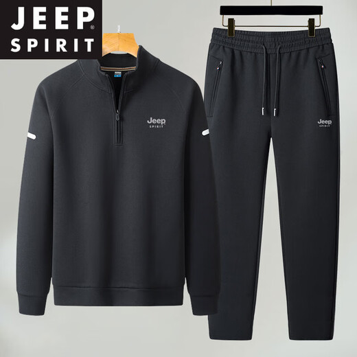 JEEP SPIRIT sweatshirt men's two-piece set 2025 spring and autumn middle-aged dad long-sleeved T-shirt men's casual sports suit PDS8610 top black + D89-1 black flat pants 2XL