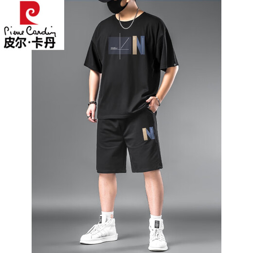 Pier Cardin Men's Sports Suit Summer Gran tamaño Fat Camiseta para hombres más grasas más pantalones cortos grandes set de dos piezas casuales negros 9922 [un set] 2xl