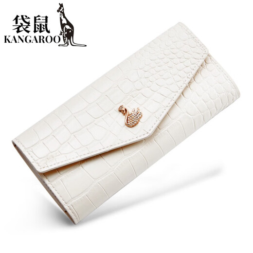 袋鼠（KANGAROO）时尚鳄鱼纹女士长款钱包超薄时尚大容量多卡位放手机证件卡夹卡包 白色