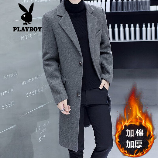 Playboy (PLAYBOY) men's windbreaker new autumn and winter woolen coat men's Korean style trendy cotton thickened youth woolen coat men 988 black XL XL (recommended 125-140Jin Jin equals 0.5 kg)