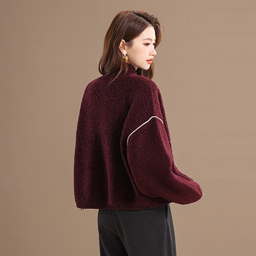 Qianbainian 100% sheep wool thickened warm cardigan sweater for women autumn and winter new double-sided zipper stand collar loose jacket red L