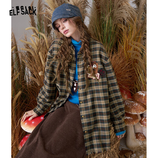 Fairy's Pocket Retro Fun Embroidered Plaid Shirt Women's 2025 Autumn and Winter New Long Sleeve Shirt Jacket Plaid Gray M