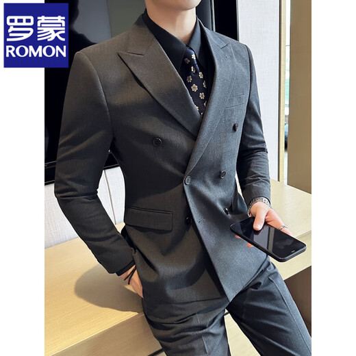 ROMON high-end customized suit men's British style double-breasted business casual suit large size three-piece formal wedding suit 338 black double-breasted single-piece suit 3XL (155-170Jin Jin equals 0.5 kg)