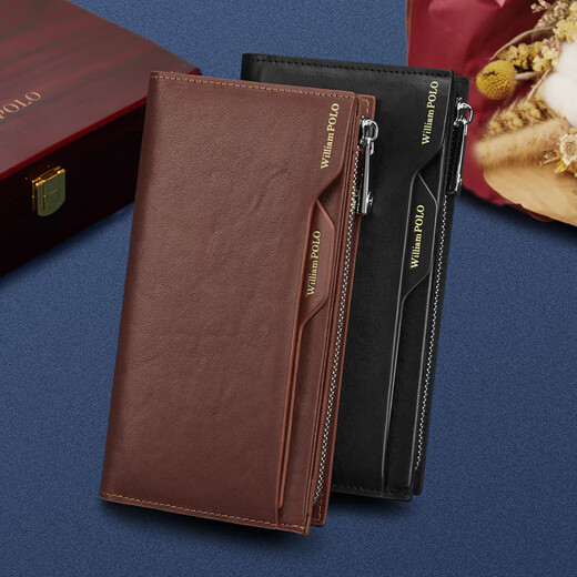 Williampolo Paul Wallet Echtes Leder-Herren Langer Top-Top-Kauflatten mit großer Kapazitätskarte Vatertagsgeschenk für Papa P24QB165-Solid-Holz Geschenkbox (Anmerkungen Farbe)