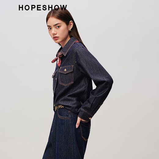 Red Sleeve (hopeshow) 2025 Autumn New Women's Clothing Retro Washed Single Breasted Right Shoulder Long Sleeve Lapel Denim Shirt Dark Denim Blue 072 M