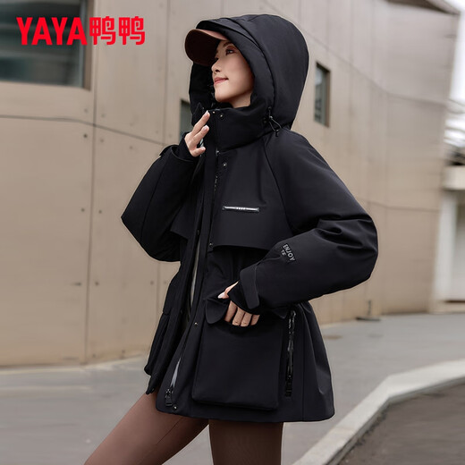 Yaya (YAYA) Тонг Лия в том же стиле, городской легкий уличный штурмовой пуховик, женский топ, короткий зимний новый стиль, пальто с поясом, черный L 165/88A