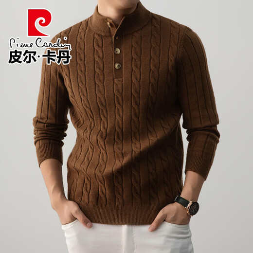 Pierre Cardin flagship store heavyweight sheep wool henley collar sweater for men spring and autumn thickened warm old money style base sweater mocha brown XL 115