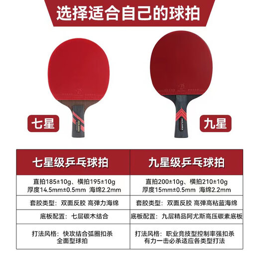帝斯蓝卡乒乓球拍专业级单拍九星直拍横拍碳素球板7星9星比赛高弹兵乓球拍 专业九星级直拍1个