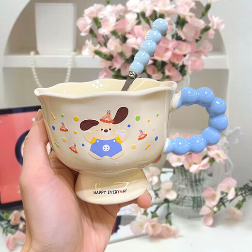 Cute cartoon cinnamon dog ins mug, high-looking cup, ceramic couple water cup, birthday gift for girls, blue party cinnamon dog, single cup