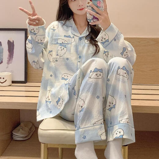 Youshifei cute little eight pajamas for women in spring and autumn long sleeves long trousers cartoon chiikawa jiikawa student home clothes 9277# double-length yellow gauze dog M 75-100Jin[Jin equals 0.5 kg]