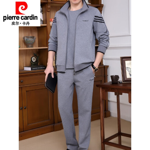 Pierre cardin high quality thickened casual suit men's spring, autumn and winter new style daddy jacket large size middle-aged and elderly sportswear three-piece set Y9905 dark gray [coat pants] [suitable for weight 120-140 Jin [Jin equals 0.5 kg]] XL