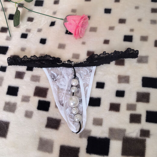 New men's lace thong sexy back hanging massage detachable beads stuffed into transvestite sexy play underwear white one size 80-135 Jin Jin equals 0.5 kg