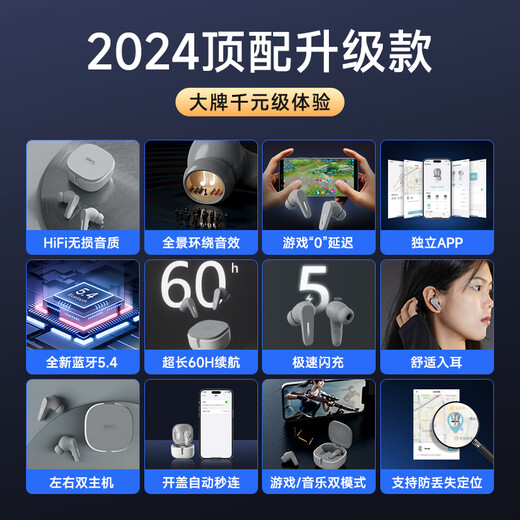 
Sibyl true wireless Bluetooth headphones in-ear binaural noise reduction sports game low latency music high sound quality ultra-long battery life suitable for Huawei oppo Apple vivo student gospel gray [APP + 40ms low latency + 60h battery life]