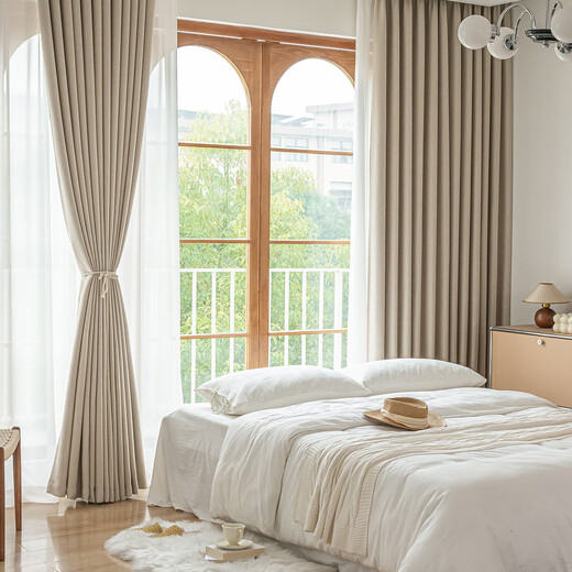 Mercury Home Textiles punch-free curtains blackout bedroom high blackout cloth pole complete set of soundproof bay window sunshade 2.8x2.0m beige
