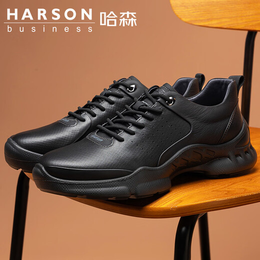 Harson first-layer calfskin men's shoes autumn and winter sports leather shoes thick-soled business casual shoes genuine leather commuter high-end walking shoes black four seasons 41 (255mm)