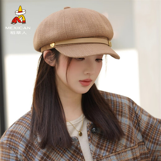 Scarecrow Hat Women's Autumn and Winter Octagonal Hat 2025 New British Newsboy Hat Showing Face Small Beret Painter Hat Peaked Hat Khaki One Size