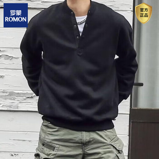 ROMON handsome trendy autumn men's henley collar long-sleeved T-shirt bottoming shirt stand-up collar solid color loose casual pullover sweatshirt gray high quality 3XL recommended 150-165Jin Jin equals 0.5 kg