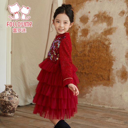 Fuluomi girls' new Chinese style winter velvet warm children's Chinese style New Year's greeting dress red 130cm