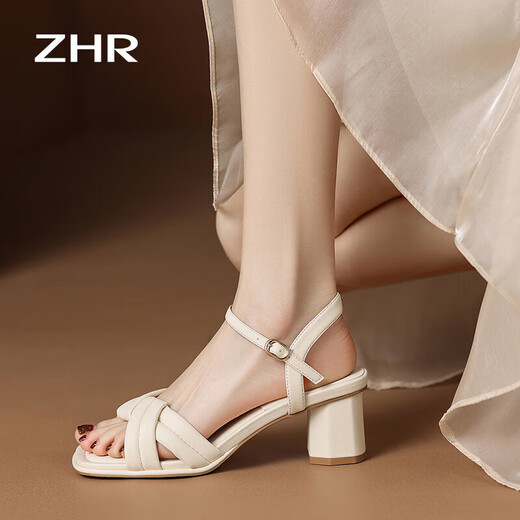 ZHR Sandalen für Frauen im Sommer elegante Ein-Streifen-dicke Absätze für Frauenschuhe sanfte Farbschere für Frauen Y683 Beige 36