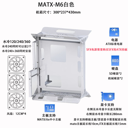 Shuomeiyou open chassis 240/360 water-cooled air-cooled ATX/matx rack graphics card vertically mounted computer host small chassis X6 white chassis (supports small and medium-sized motherboards)