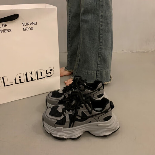 巴黎欧货复古老爹鞋女新款ins厚底增高小个子运动女鞋网面鞋子女 银色 36