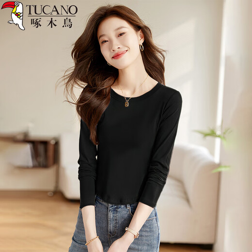 Woodpecker long-sleeved T-shirt bottoming shirt for women spring and autumn right shoulder round neck inner slim fit casual versatile top black L