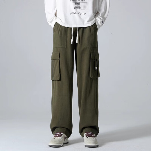 Shannu pants men's autumn and winter velvet thickened pure cotton American loose student sports workwear casual straight trousers 534 military green XL (recommended 120-140 Jin Jin equals 0.5 kg)