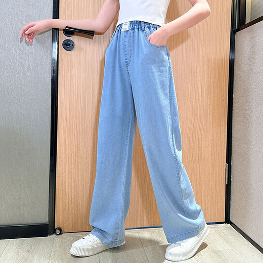 憨憨象夏季女童阔腿裤2025新款儿童裤子夏装女孩牛仔裤中大童休闲运动裤 15013蓝色+9922白色【套装】 150
