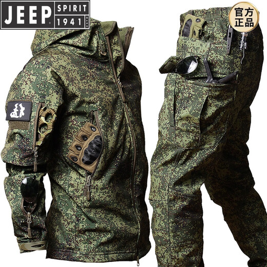 JEEP SPIRIT Green New Foreign Army Russian Coldproof Coat Jacket Work Camouflage Outer Suit Winter Thin Velvet Wear-Resistant Shark Jacket Suit-Russian Camouflage S (100-120Jin Jin equals 0.5kg)