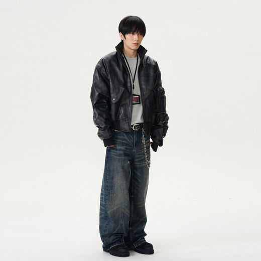 Weilang's shop winter American retro distressed aviator leather jacket cotton jacket men's handsome stand-up collar jacket coat couple New Year black L