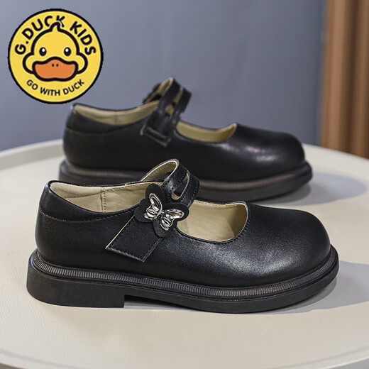 G.duck Little Yellow Duck Girls' Small Leather Shoes Spring and Autumn New Product 2025 Black British Style Princess Shoes Soft Sole Children's Performance Shoes JJL-Black C8062 Size 35 (Inner Length 22.5cm)