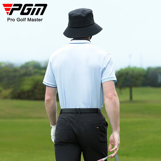 PGM Golf-Kleidung Herren kurzärmelige Sommersport-T-Shirt Antibakterielles elastisches Polo-Hemd-Farbblocking Ripper-Männer-Kleidung YF684-Ice Crystal Blue [Top] L.