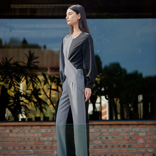 S.DEER Spring Fashion Women's French OL Round Neck Contrast Color Splicing Drape Suit S24161406 Black/91 M 165