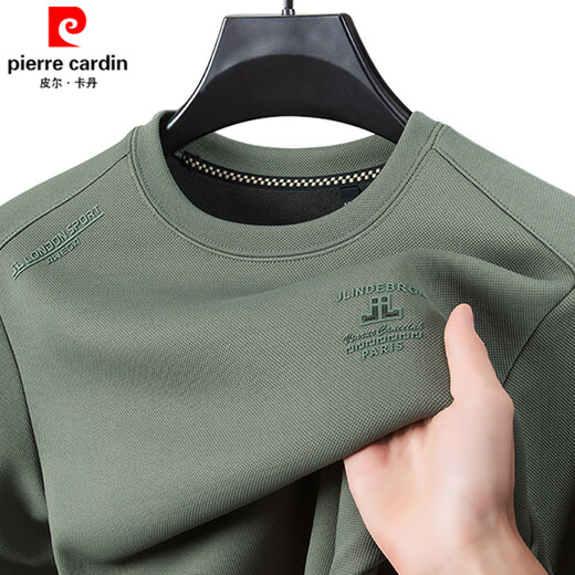 皮尔卡丹（pierre cardin）品牌纯棉长袖T恤男士圆领休闲百搭卫衣冬季加绒保暖亲肤打底衫男t D687绿色 加绒 165/M90-120斤