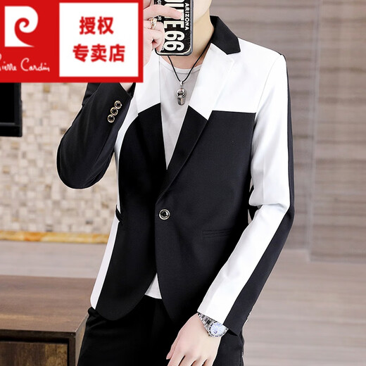Pierre Cardin (pierre cardin) black and white color matching suit for men, spring and autumn trendy Korean version with personalized design, handsome and slim fit small suit jacket summer long-sleeved white 2XL 180 suitable for 135-145Jin Jin equals 0.5 kg