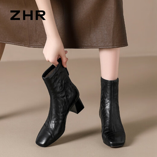 
ZHR top layer cowhide women's boots retro pleated thick heel short boots for women autumn and winter versatile boots for women S529 noble black 37