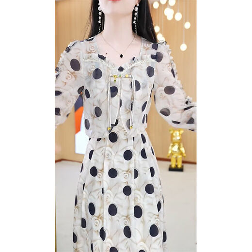 Xuyan Xerl Yene Qingdao Vestido de seda de algodón Jimo 2024 Autumn New High-End Skirt para mujeres Temprano en otoño nuevo estampado de lunares de moda 13751-apricot L [sugerido 95-110jin [Jin equivale a 0.5 kg]]