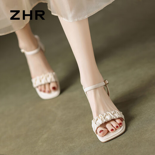 ZHR Sandals for women in summer thick high heels simple commuting square toe women's shoes one-lace shoes for women Y756 beige 37