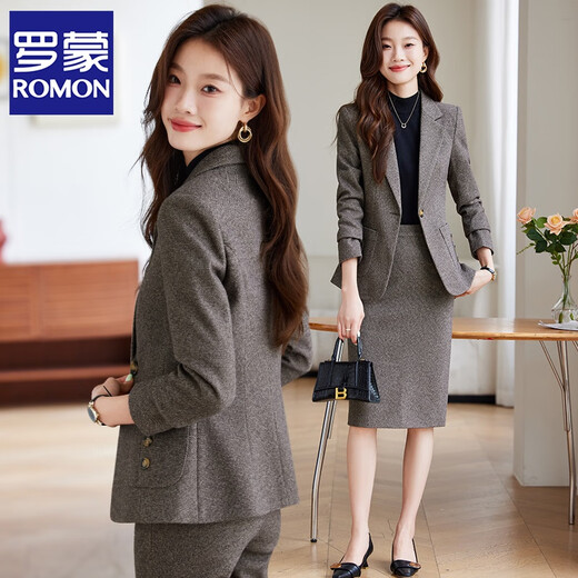 ROMON woolen suit jacket for women 2025 new autumn and winter thickened high-end professional temperament hotel work clothes suit suit dark gray suit + trousers XL