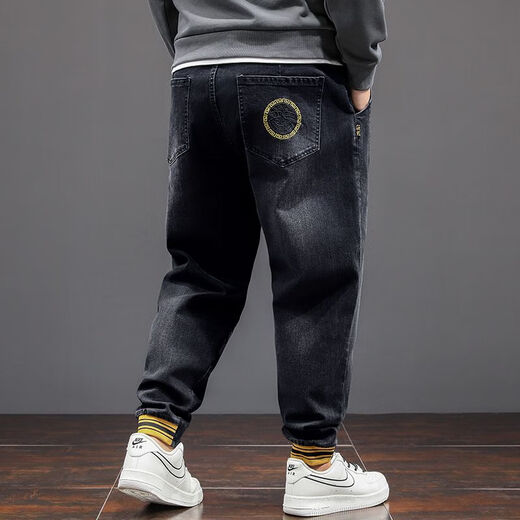 
Fei Shimi Autumn New Fashion Brand Elastic Small Foot Jeans Fat Loose and All-Match Pants Elastic Waist Fat Pants 300 Jin [Jin equals 0.5 kg] Black 9905 XL 1 (130-150 Jin [Jin equals 0.5 kg])