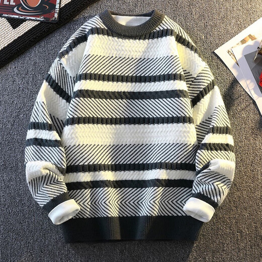 Pierre Cardin Youth Sweater Men's Autumn and Winter Thickened Inner Feeling Super Nice Contrast Color Striped Knitted Bottoming Shirt Black