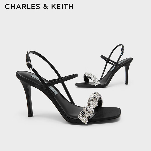 CHARLES/KEITH semi-precious stone pleated one-strip high heels sandals girls birthday gift CK1-60361402 Black 34