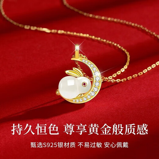 Vana Jade Rabbit Flying to the Moon Silver Necklace Girls Hetian Jade Pendant Birthday Gift for Girlfriend and Wife Jade Rabbit Flying to the Moon Necklace Beijing Warehouse Shipping Next Day