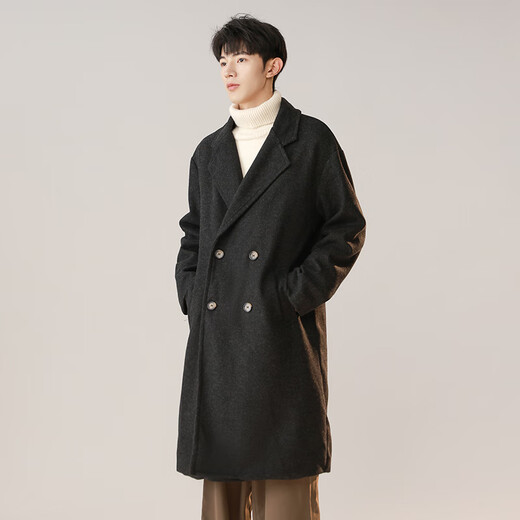 Dingfengbaoluo Korean style woolen coat for men winter mid-length thickened coat high-end double-breasted HK09 matte black L