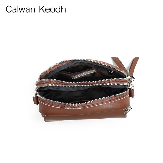 CALWAN KEODH包包女包2025新款秋冬牛皮斜挎包小圆包小众生日元旦礼物送女友 【咖啡色】轻奢时尚百搭撞色包实用走心女生闺蜜