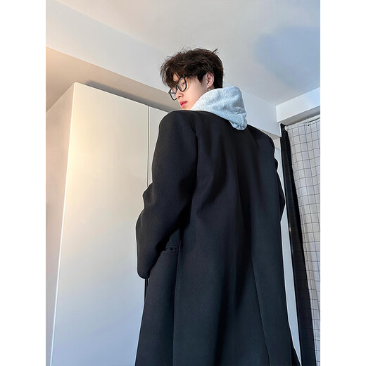 Yi Sichen cleanfit shoulder pad woolen coat men's autumn and winter mid-length Korean style double-breasted windbreaker woolen coat black XL 135-150Jin Jin equals 0.5 kg
