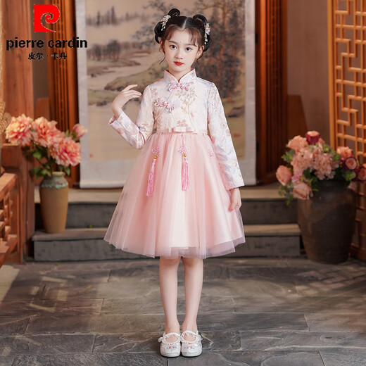 Pierre Cardin Girls Hanfu Dress Spring and Autumn Children's New Year's Eve Chinese Style Tang Suit Little Girl Western Princess Dress Autumn 8828 Red Cotton Lining + Tassels 120 cm Recommended Weight 30-40Jin Jin is equal to 0.5 kg
