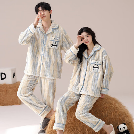 Emanan winter warm coral velvet couple pajamas for women thickened and velvet simple casual flannel men's home wear set GEY7886 women's XL